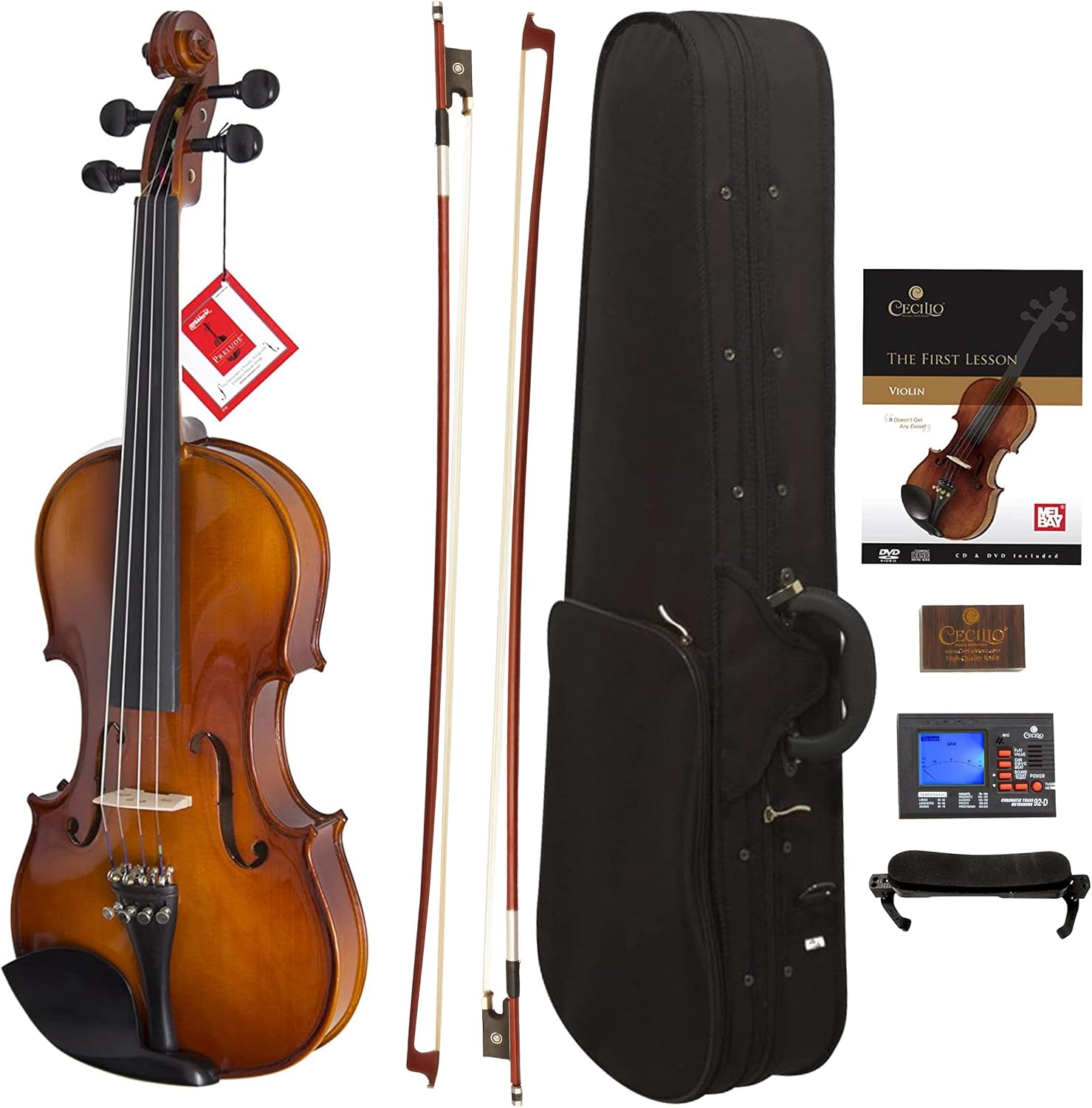 Cecilio CVN-300 Solidwood Ebony Fitted Violin with D'Addario Prelude Strings, Size 4/4 (Full Size)
